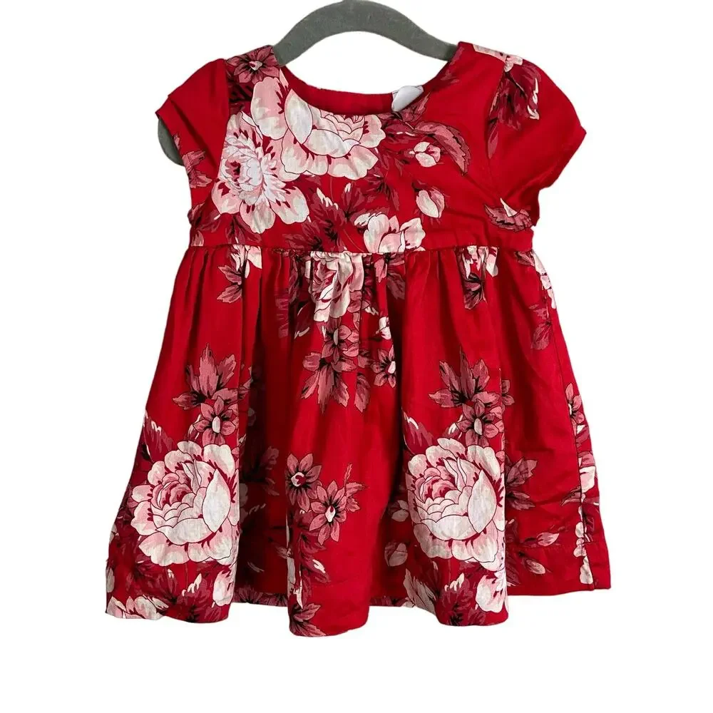 Baby Gap Empire Waist Red Floral Dress Girls 12-18 Months Toddler